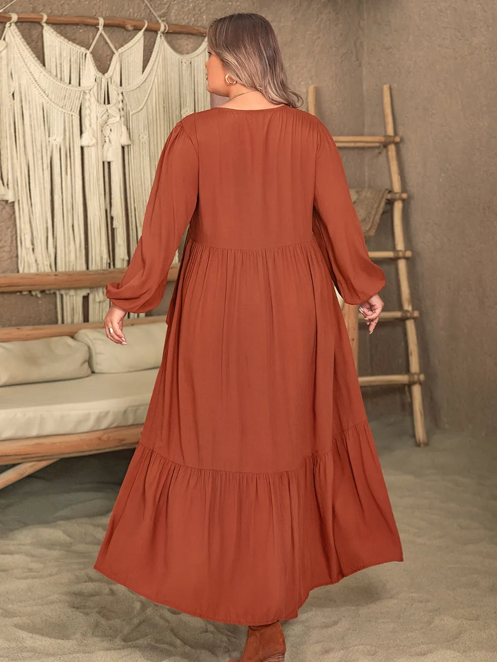 Plus Size Ruffled V-Neck Balloon Sleeve Dress - Dresses by Trendsi | Available at Handbags Specialist Headquarter