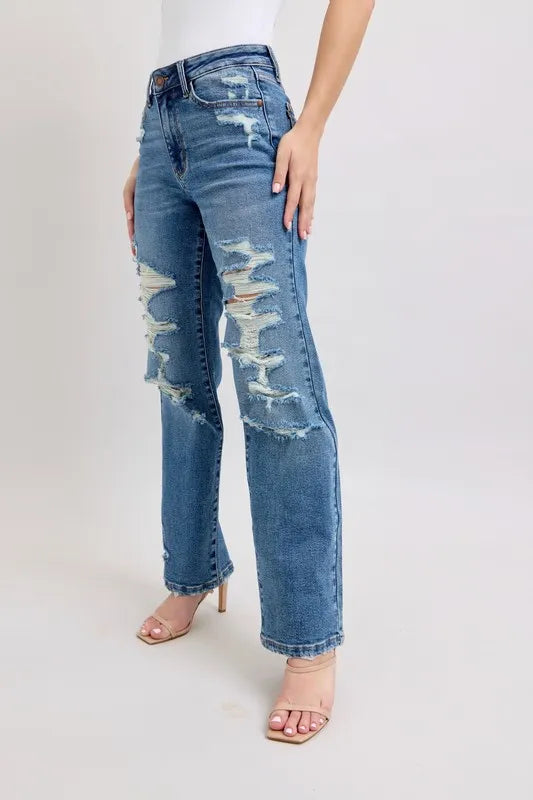 Judy Blue Full Size High Waist Heavy Destroy Straight Jeans Plus Size - Women / Jeans & Denim by Trendsi | Available at Handbags Specialist Headquarter