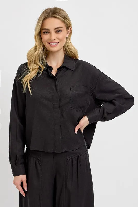 RISEN Button Down Long Sleeve Shirt - Women's Down Shirt Tops by Trendsi | Available at Handbags Specialist Headquarter
