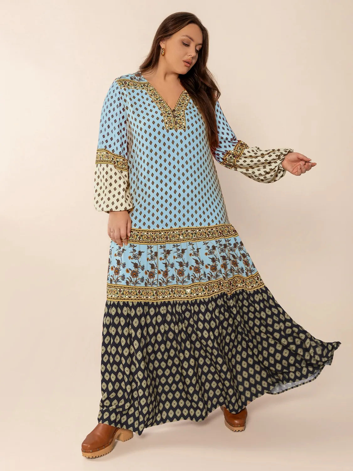 Plus Size Printed V-Neck Balloon Sleeve Maxi Dress - Dresses by Trendsi | Available at Handbags Specialist Headquarter