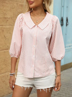 Striped Button Down 3/4 Sleeve Shirt - Women's Down Shirt Tops by Trendsi | Available at Handbags Specialist Headquarter