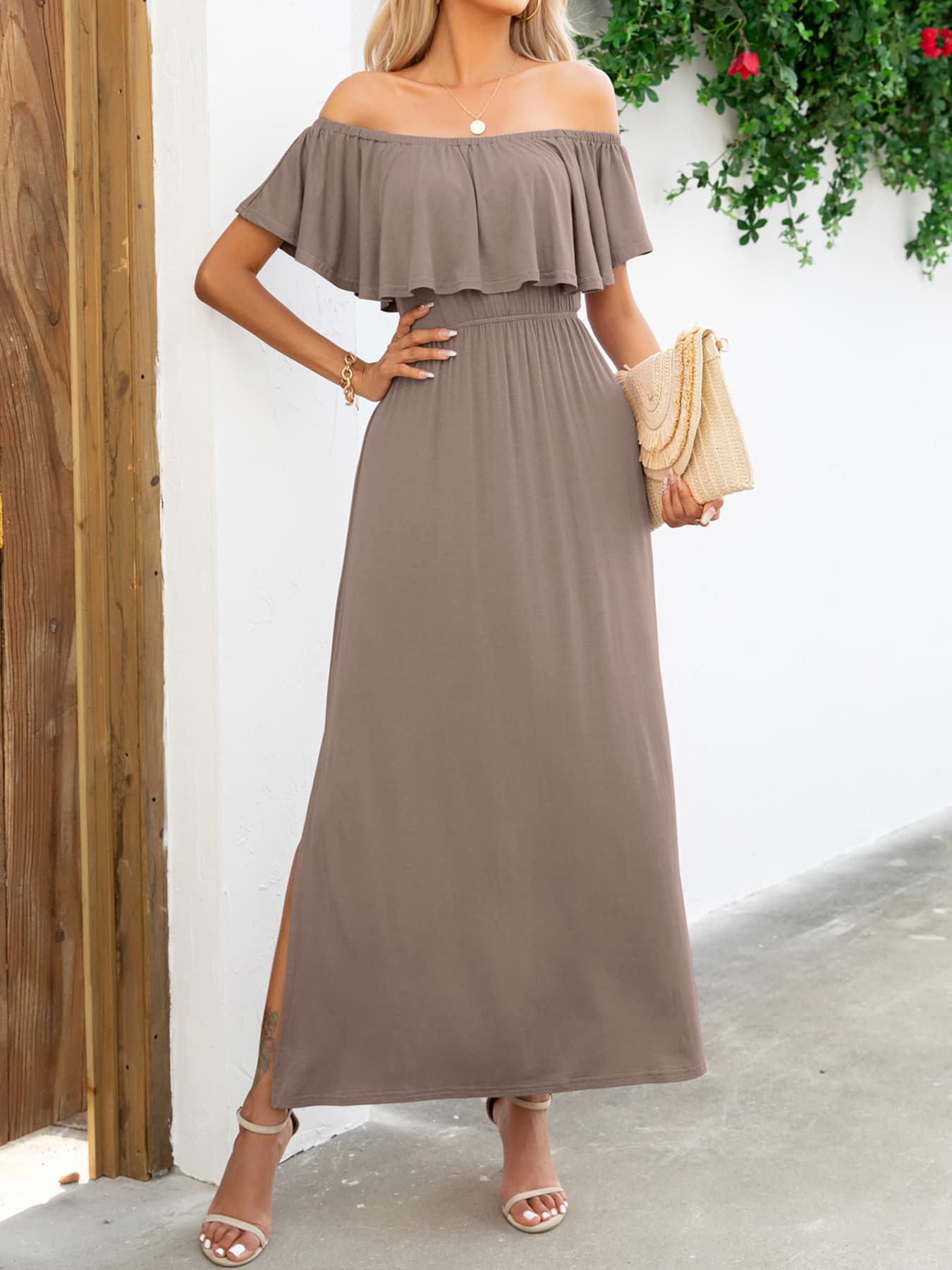 Off-Shoulder Slit Maxi Dress - Maxi Dress by Trendsi | Available at Handbags Specialist Headquarter