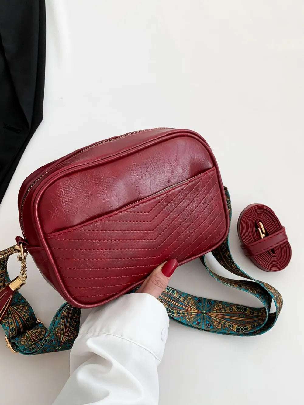 Tassel PU Leather Printed Strap Cassette Crossbody Bag - Crossbody Bag by Trendsi | Available at Handbags Specialist Headquarter