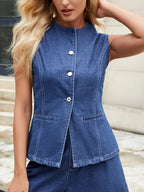 Button-Front Denim Vest Top - Women / Jeans & Denim by Trendsi | Available at Handbags Specialist Headquarter