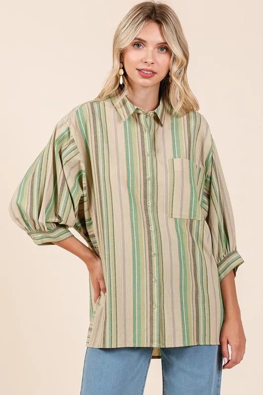 Mittoshop Striped Bubble Sleeve Button Down Shirt - Women's Down Shirt Tops by Trendsi | Available at Handbags Specialist Headquarter