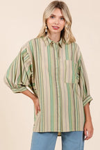 Mittoshop Striped Bubble Sleeve Button Down Shirt - Women's Down Shirt Tops by Trendsi | Available at Handbags Specialist Headquarter