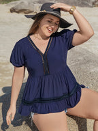 Plus Size Peplum V-Neck Short Sleeve Blouse - Plus Size Shirts by Trendsi | Available at Handbags Specialist Headquarter