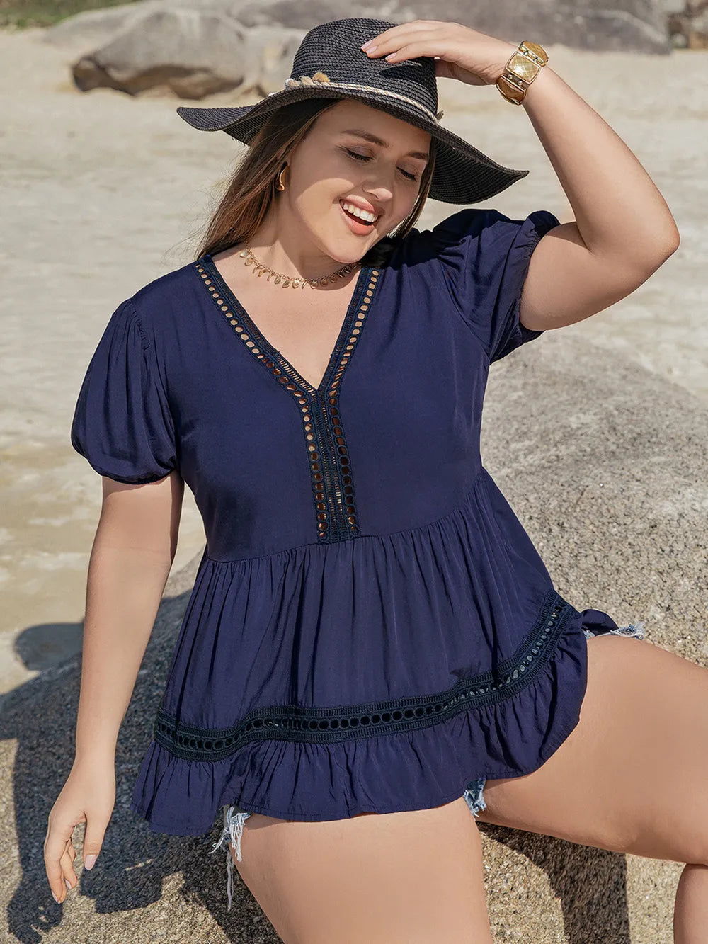 Plus Size Peplum V-Neck Short Sleeve Blouse - Plus Size Shirts by Trendsi | Available at Handbags Specialist Headquarter
