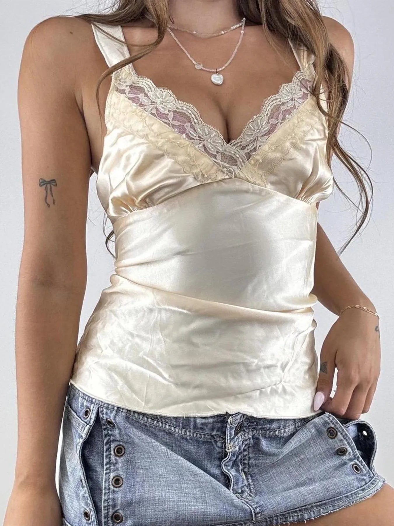 Lace Trim V-Neck Satin Cami Top - Tops by Trendsi | Available at Handbags Specialist Headquarter