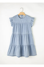 Ruffle Cap Sleeve Tiered A-line Denim Dress - Women / Jeans & Denim by Trendsi | Available at Handbags Specialist Headquarter
