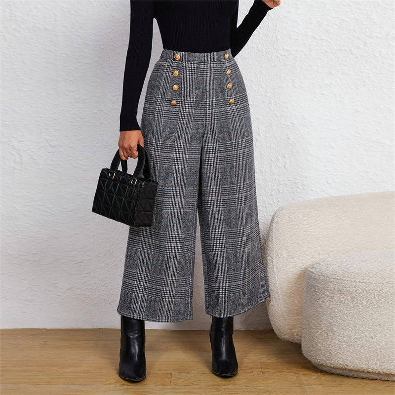 Plaid Breeze: Women's Wide-Leg Office Pants