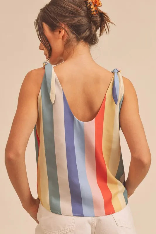 Aemi + Co Contrast Striped Scoop Neck Tie Shoulder Tank - Tops by Trendsi | Available at Handbags Specialist Headquarter