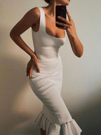 Ribbed Knit Bodycon Midi Dress with Ruffle Hem - Maxi Dress by Trendsi | Available at Handbags Specialist Headquarter