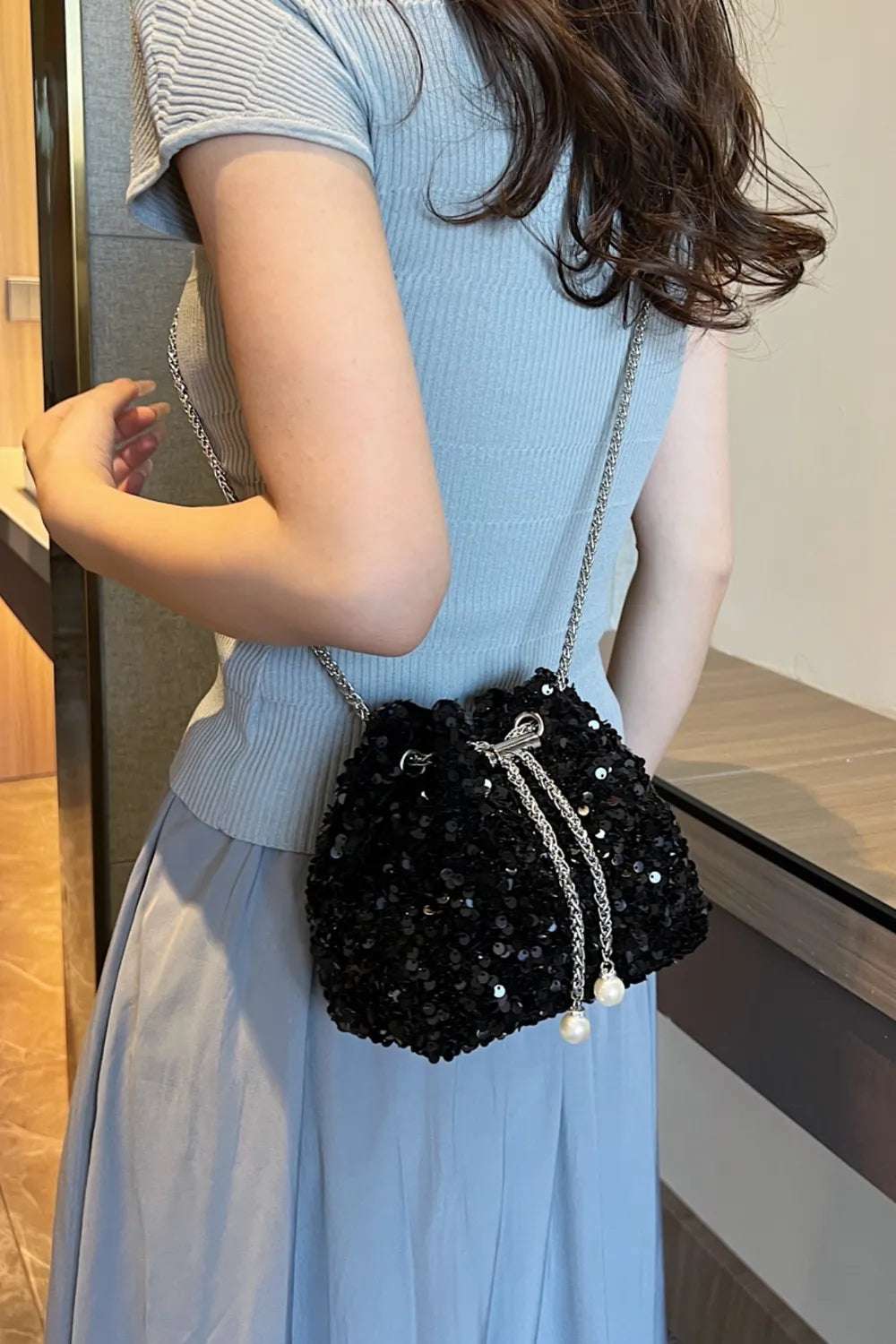 Sequin Chain Drawstring Bucket Bag - Crossbody Bag by Trendsi | Available at Handbags Specialist Headquarter