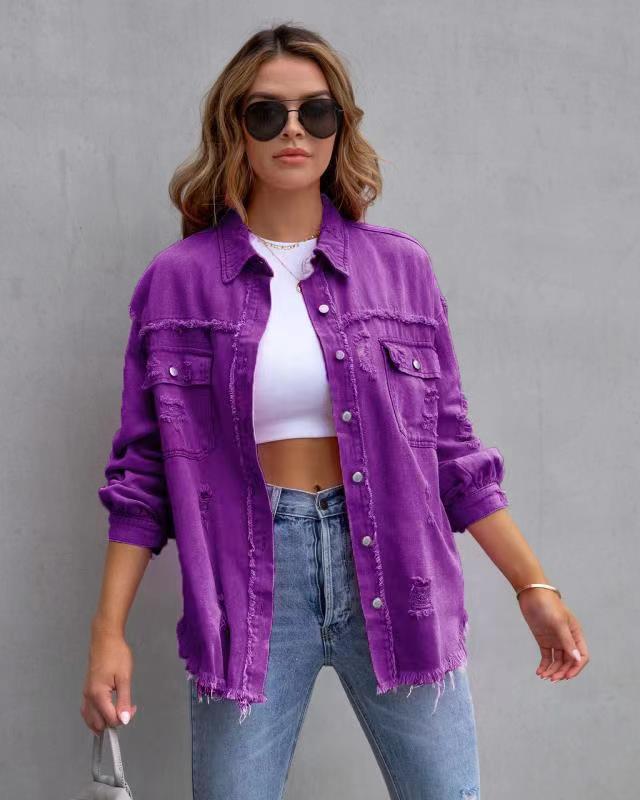 Autumn Breeze Ripped Shirt Jacket - Women's Casual
