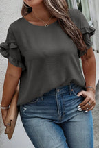 Plus Size Ruffled Round Neck Short Sleeve Blouse - Plus Size Shirts by Trendsi | Available at Handbags Specialist Headquarter