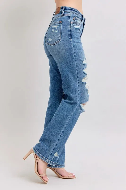 Judy Blue Full Size High Waist Heavy Destroy Straight Jeans Plus Size - Women / Jeans & Denim by Trendsi | Available at Handbags Specialist Headquarter