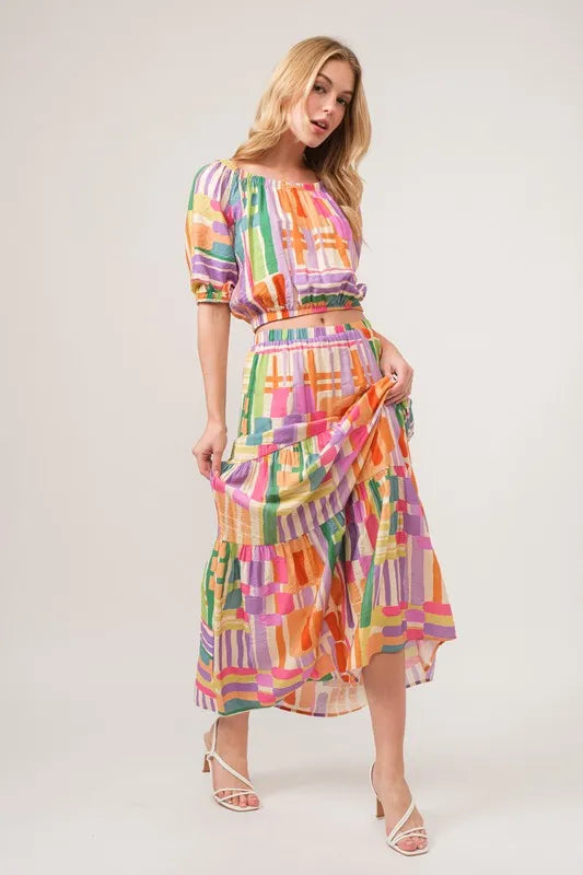 And The Why Asymmetric Geo Printed Tiered Maxi Skirt - Skirts by Trendsi | Available at Handbags Specialist Headquarter