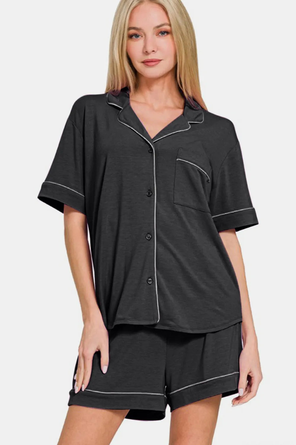 Zenana Button Down Short Sleeve Top and Shorts Lounge Set - Sleepwear by Trendsi | Available at Handbags Specialist Headquarter