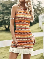 Full Size Fringe Grecian Neck Mini Dress Plus Size - Women Plus Size by Trendsi | Available at Handbags Specialist Headquarter