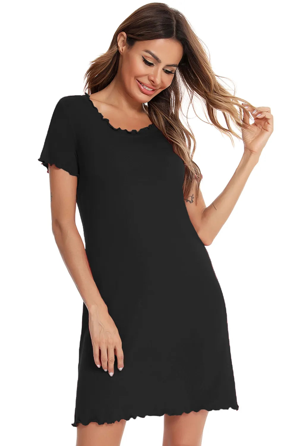 Round Neck Short Sleeve Lounge Dress - Sleepwear by Trendsi | Available at Handbags Specialist Headquarter
