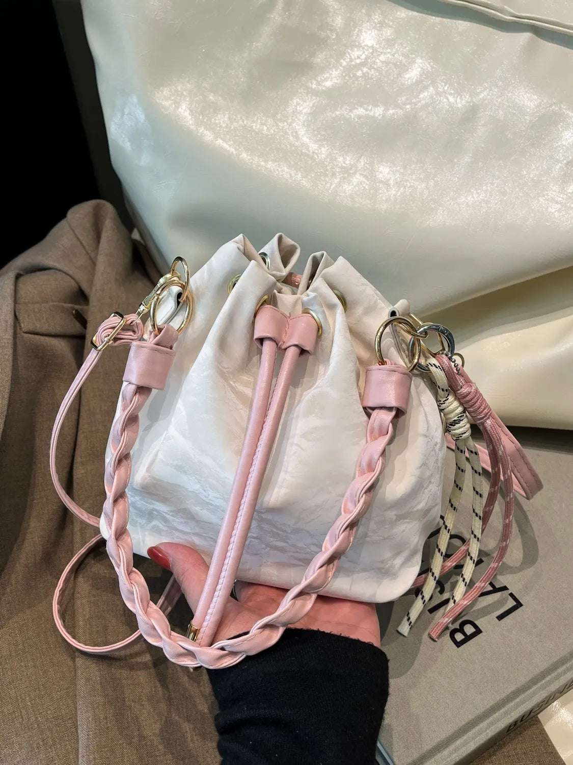 Drawstring PU Leather Bucket Bag - Crossbody Bag by Trendsi | Available at Handbags Specialist Headquarter