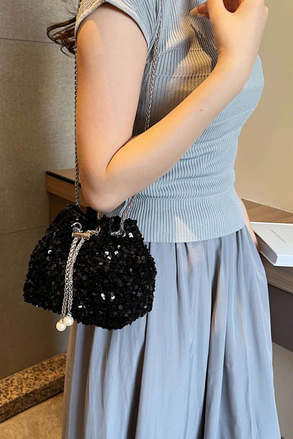 Sequin Chain Drawstring Bucket Bag - Crossbody Bag by Trendsi | Available at Handbags Specialist Headquarter
