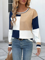 Color Block Round Neck Sweater with Ribbed Trim - Tops by Trendsi | Available at Handbags Specialist Headquarter