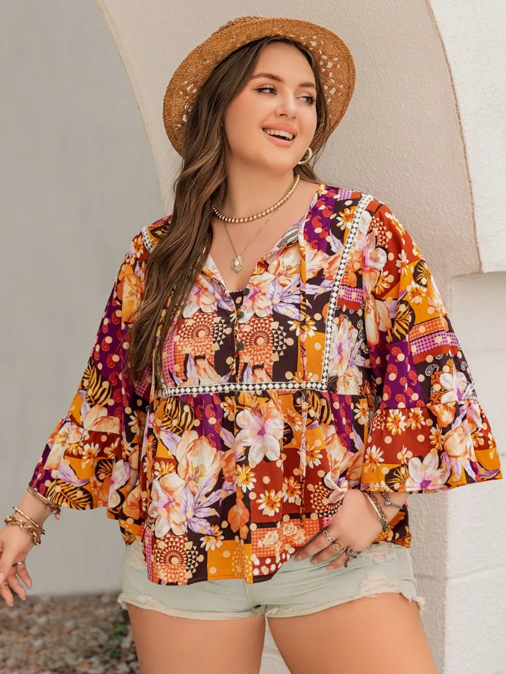 Plus Size Printed Tie Neck Blouse - Plus Size Shirts by Trendsi | Available at Handbags Specialist Headquarter