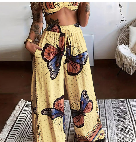 Chic Harmony: Printed Tube & Flowing Pants Set