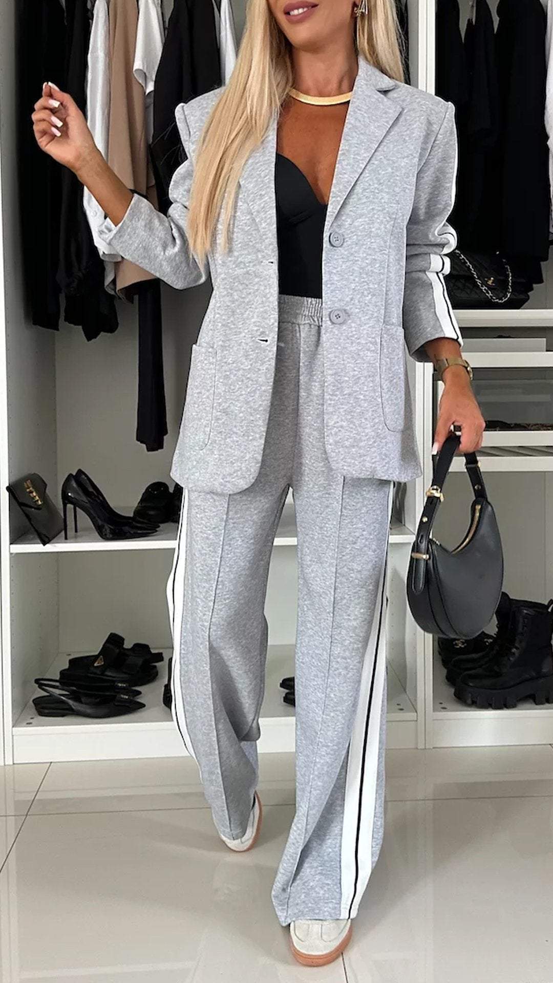StrideSet: Chic Women's Striped Suit & Jacket Ensemble
