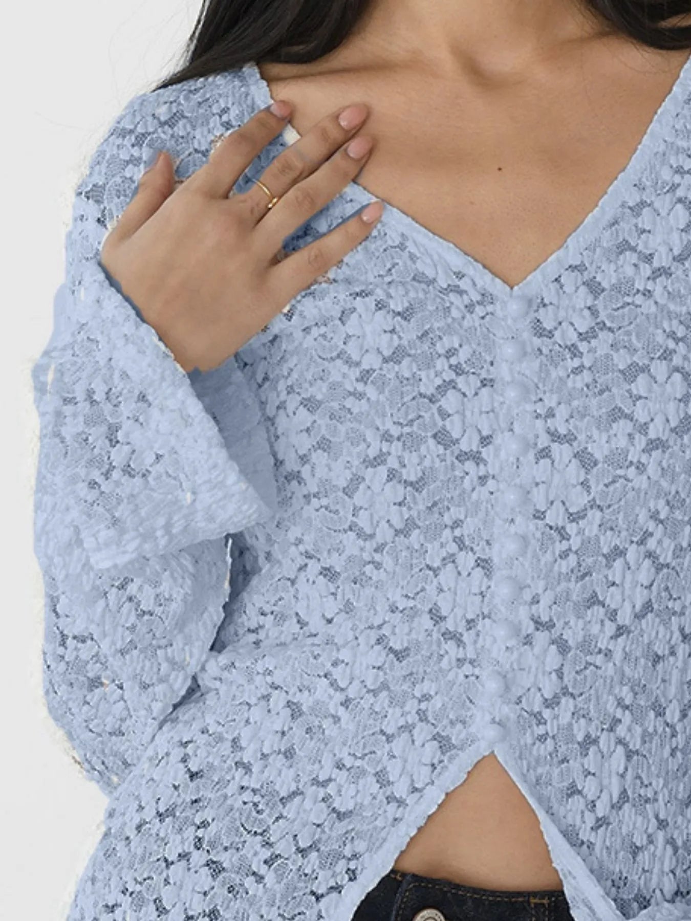 Lace V-Neck Flare Sleeve T-Shirt - Tops by Trendsi | Available at Handbags Specialist Headquarter