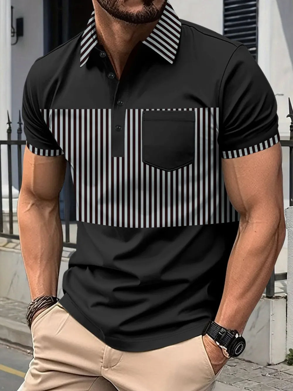 Men's Full Size Collared Contrast Striped Polo Plus Size - Men's Polo shirt by Trendsi | Available at Handbags Specialist Headquarter