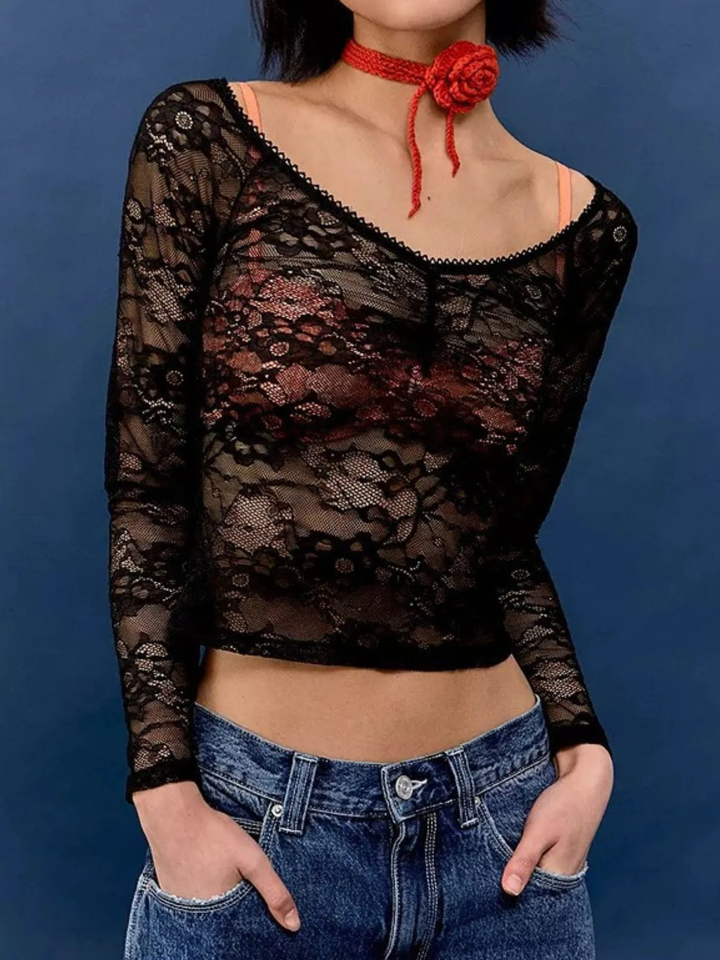 Lace Sheer Long Sleeve T-Shirt - Tops by Trendsi | Available at Handbags Specialist Headquarter