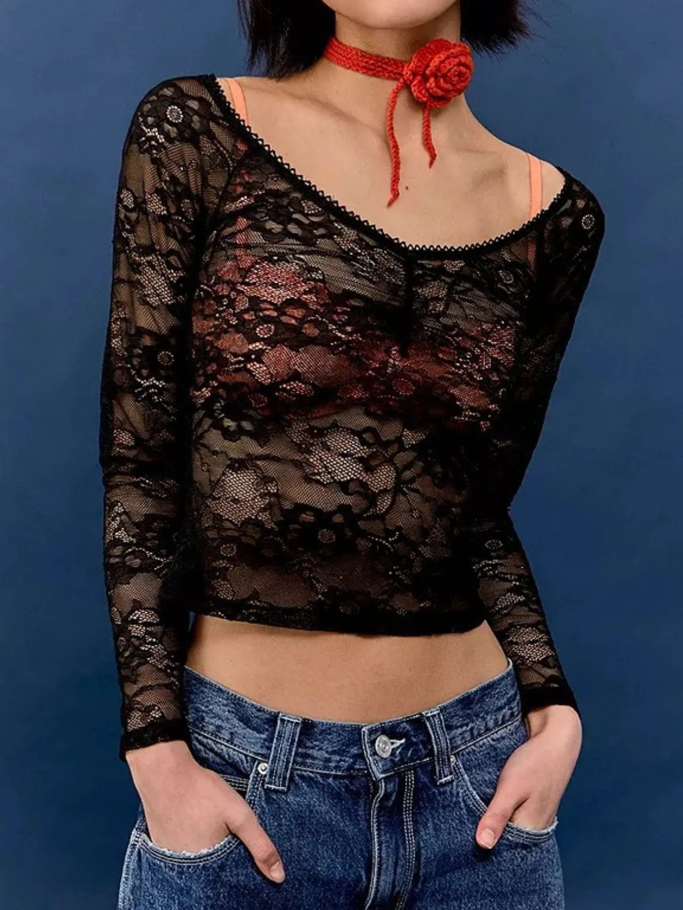 Lace Sheer Long Sleeve T-Shirt - Tops by Trendsi | Available at Handbags Specialist Headquarter