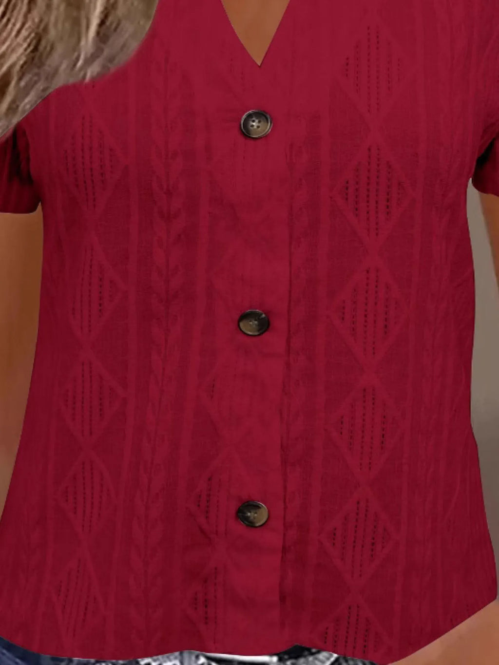 Textured Notched Short Sleeve Blouse - Tops by Trendsi | Available at Handbags Specialist Headquarter