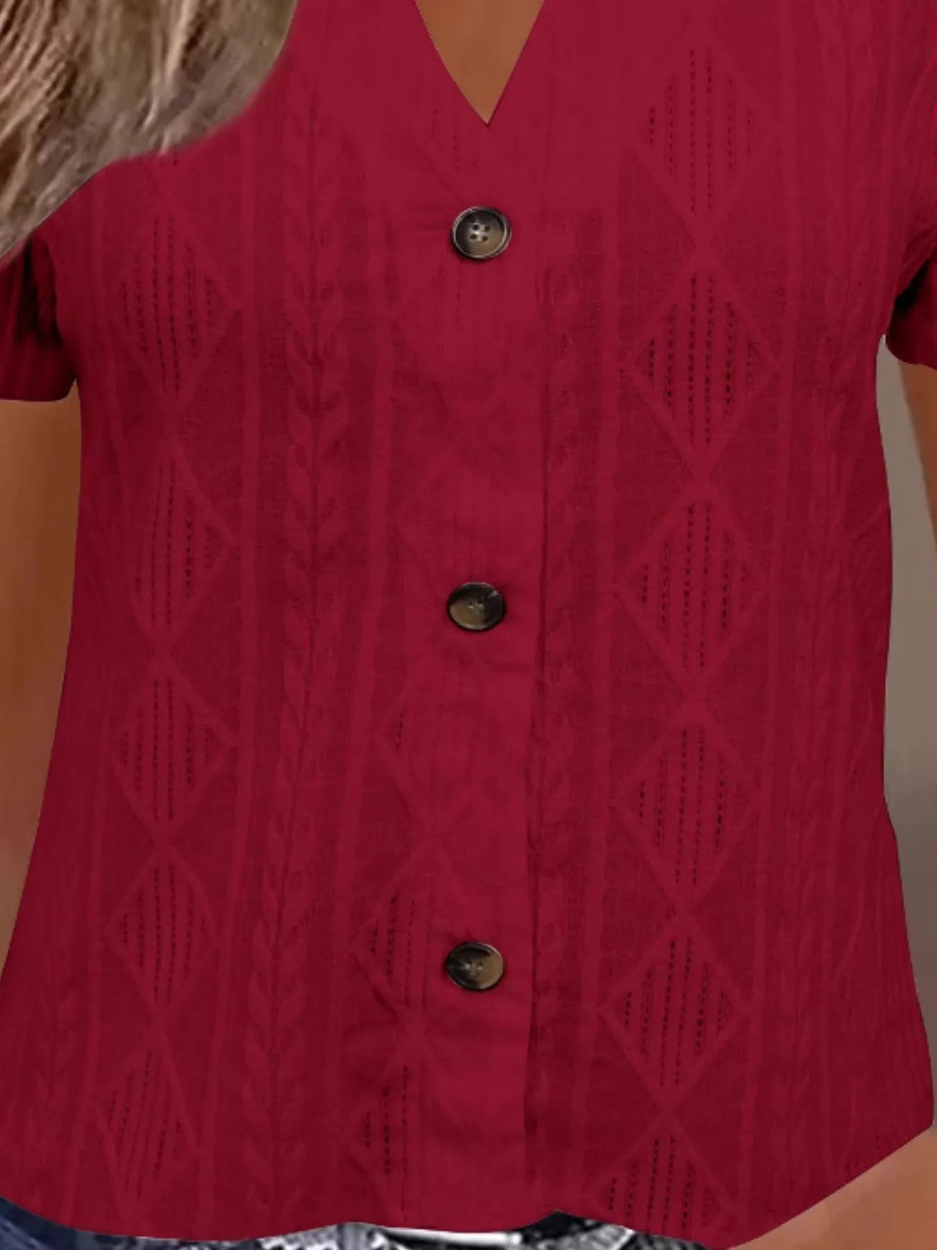 Textured Notched Short Sleeve Blouse - Tops by Trendsi | Available at Handbags Specialist Headquarter