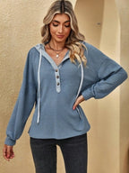 Drawstring Waffle Knit Hoodie - Tops by Trendsi | Available at Handbags Specialist Headquarter