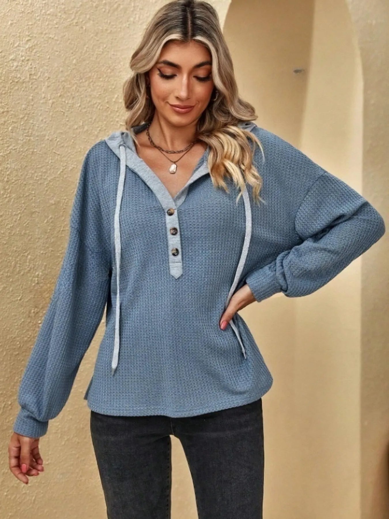 Drawstring Waffle Knit Hoodie - Tops by Trendsi | Available at Handbags Specialist Headquarter