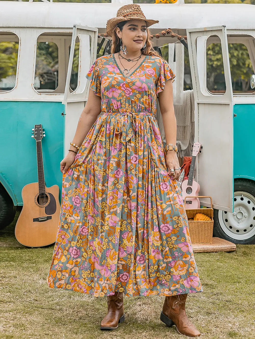 Plus Size Ruffled Printed Cap Sleeve Dress - Dresses by Trendsi | Available at Handbags Specialist Headquarter