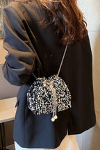 Sequin Chain Drawstring Bucket Bag - Crossbody Bag by Trendsi | Available at Handbags Specialist Headquarter