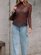 Sheer Mesh Patterned Lettuce Trim Slim Long Sleeve Top - Tops by Trendsi | Available at Handbags Specialist Headquarter