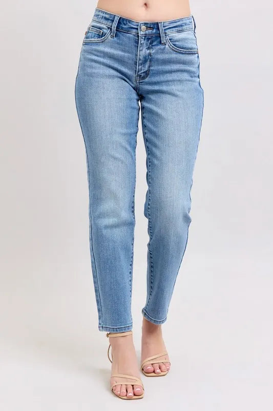 Judy Blue Full Size Mid Rise Vintage Wash Slim Jeans with Cell Phone Pocket Plus Size - Women / Jeans & Denim by Trendsi | Available at Handbags Specialist Headquarter