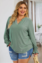 Plus Size Eyelet Notched Flounce Sleeve Blouse - Plus Size Shirts by Trendsi | Available at Handbags Specialist Headquarter