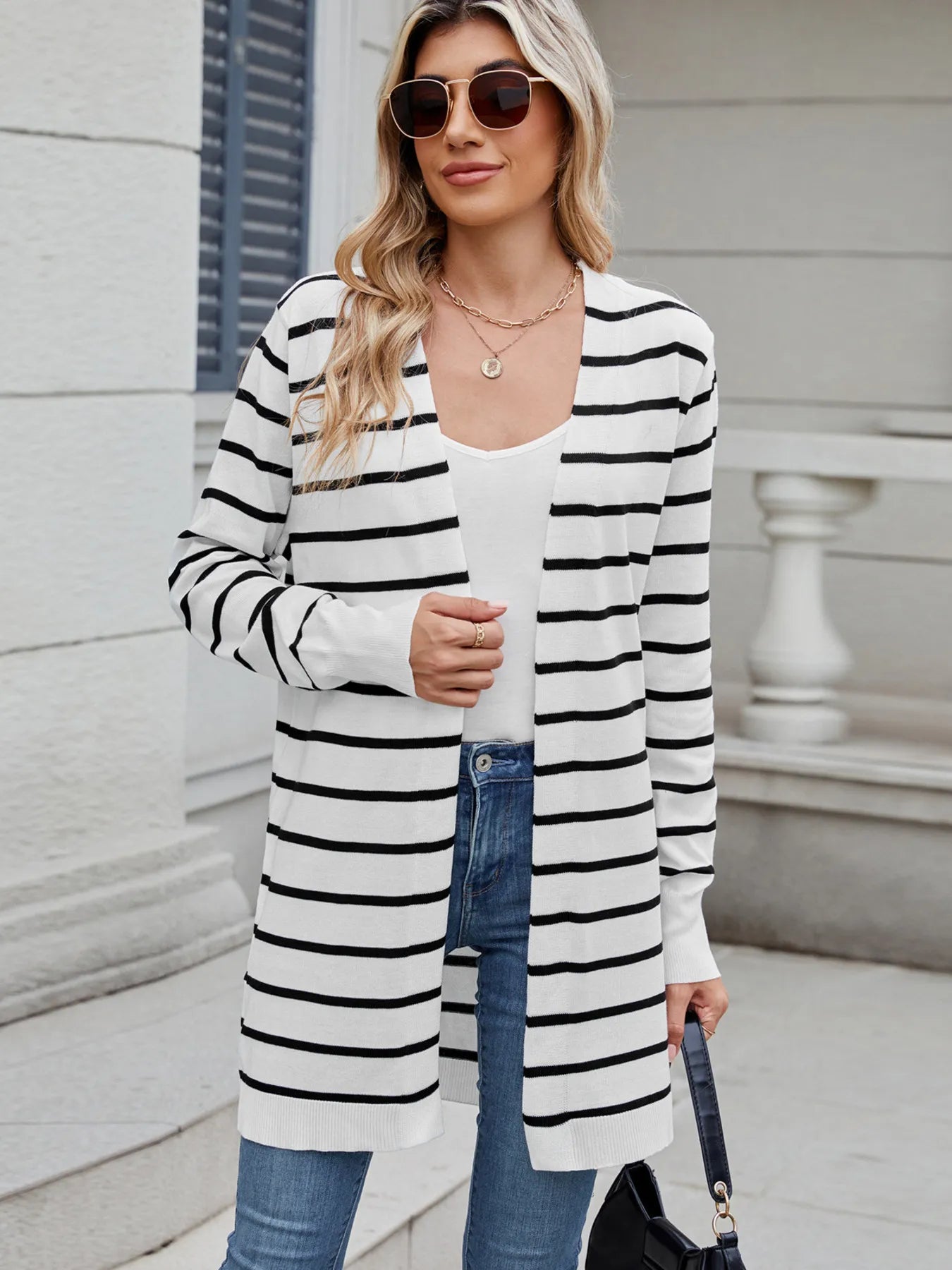 Striped Open Front Cardigan with Relaxed Fit - Tops by Trendsi | Available at Handbags Specialist Headquarter
