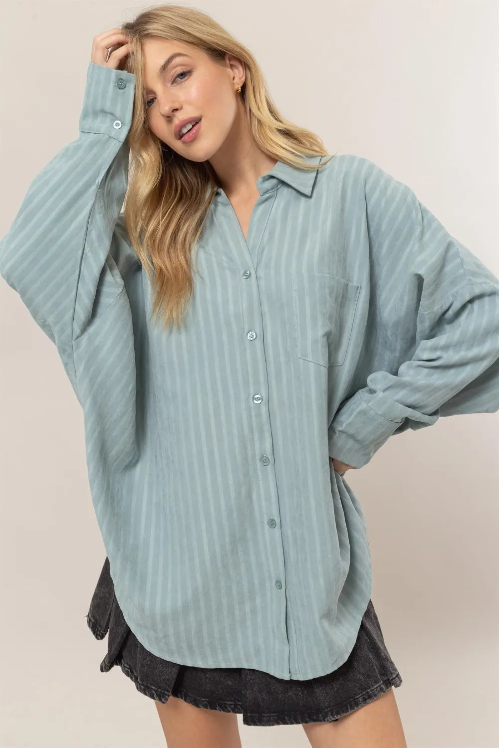 HYFVE Stripe Button Down Long Sleeve Oversized Shirt - Women / Jeans & Denim by Trendsi | Available at Handbags Specialist Headquarter