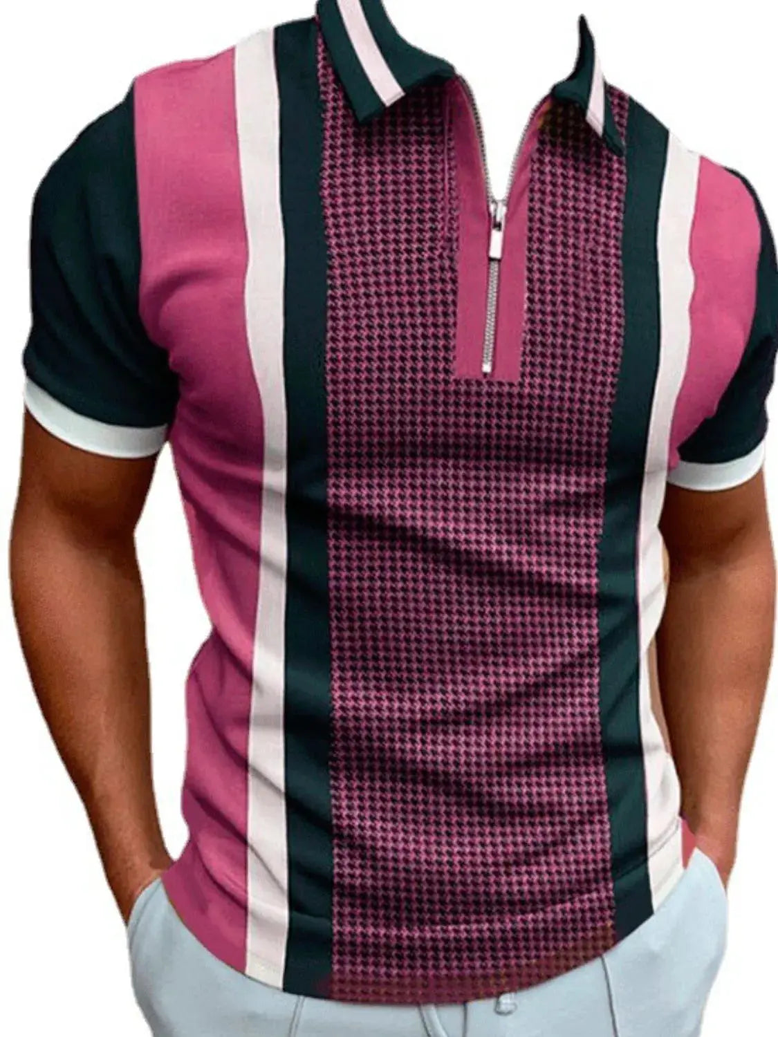 Men's Full Size Quarter Zip Short Sleeve Polo Plus Size - Men's Tops by Trendsi | Available at Handbags Specialist Headquarter