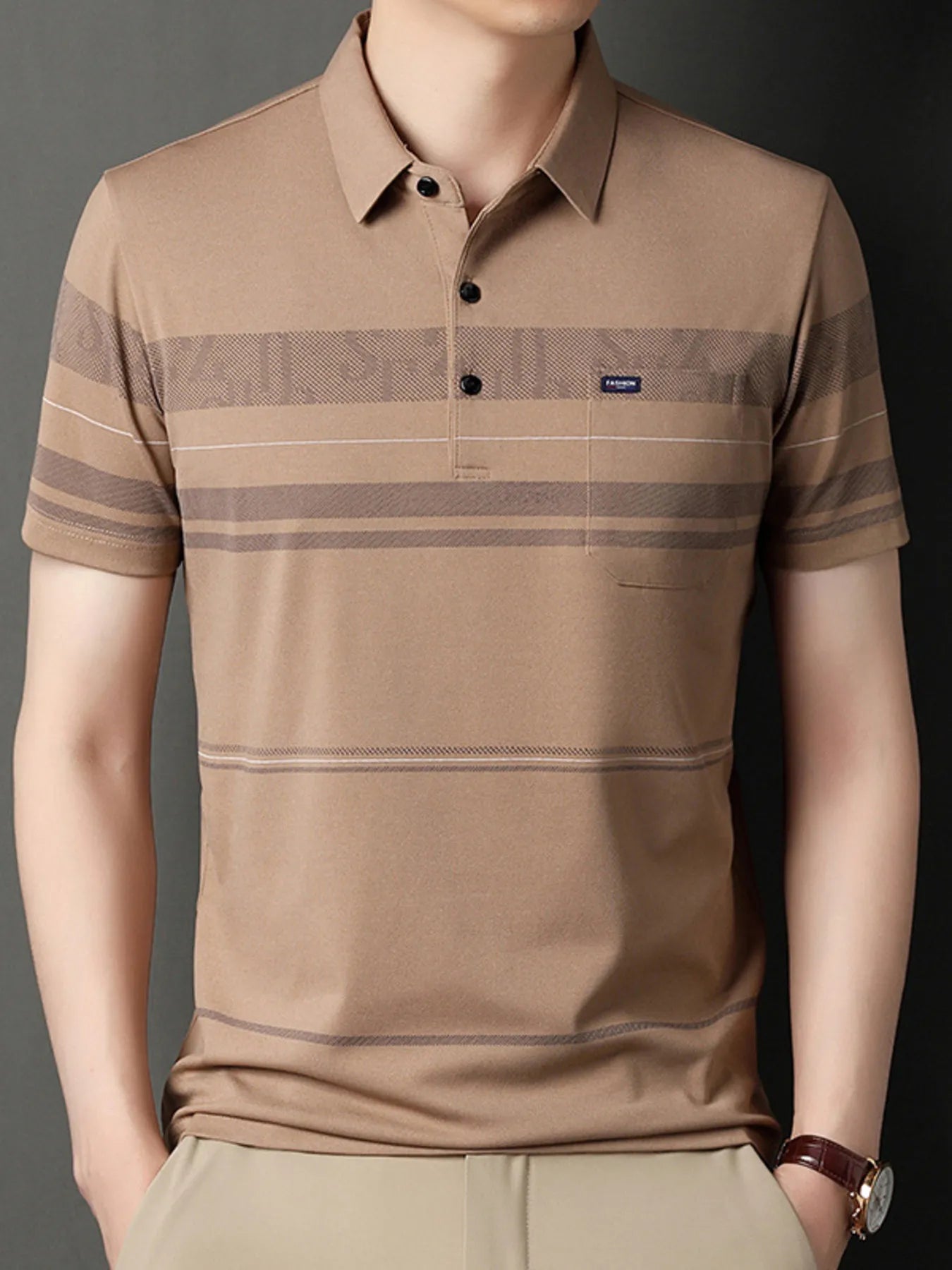 Men's Plus Size Classic Striped Business Casual Polo Shirt - Men's Polo shirt by Trendsi | Available at Handbags Specialist Headquarter