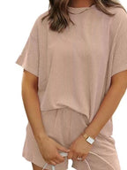 Full Size Ribbed Short Sleeve Top and Shorts Two-Piece Set Plus Size - Sleepwear by Trendsi | Available at Handbags Specialist Headquarter