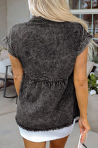 Short Sleeve Flap Pocket Button Up Raw Hem Denim Shirt - Women / Jeans & Denim by Trendsi | Available at Handbags Specialist Headquarter